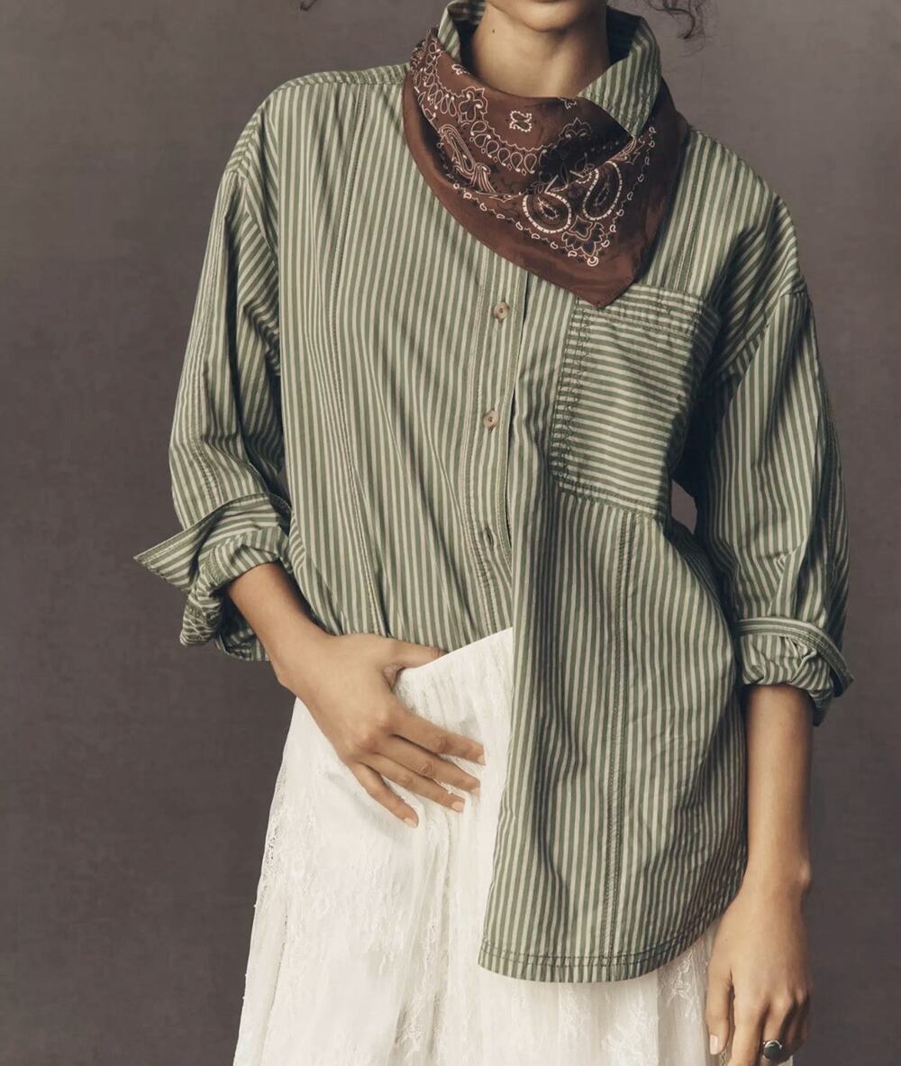 NWT Anthropologie Pilcro Reworked Buttondown Green Striped Shirt Top Size L